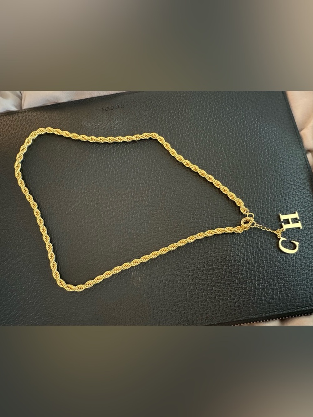 Carolina Herrera Gold Rope Chain Necklace with CH Pendant